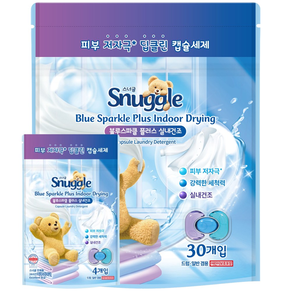 스너글 초고농축 캡슐 세탁세제 블루스파클 플러스 실내건조 30개입 + 4개입, 1개 19,900원