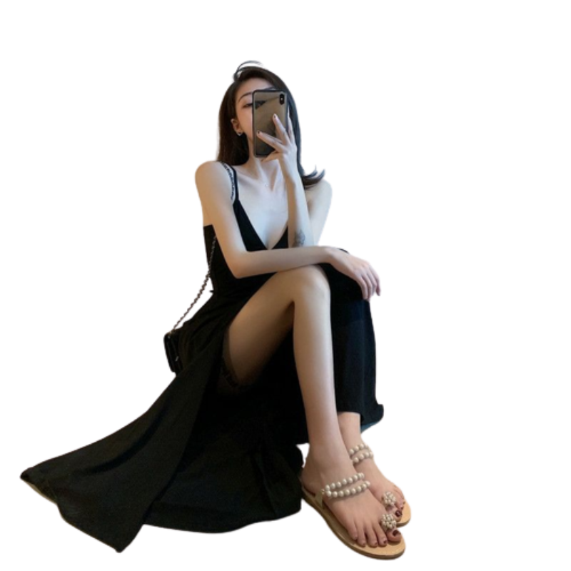 Haengbuk 여성 브이넥 사이드 슬릿 롱 원피스 슬림라인 끈나시 원피스2P 12,800원