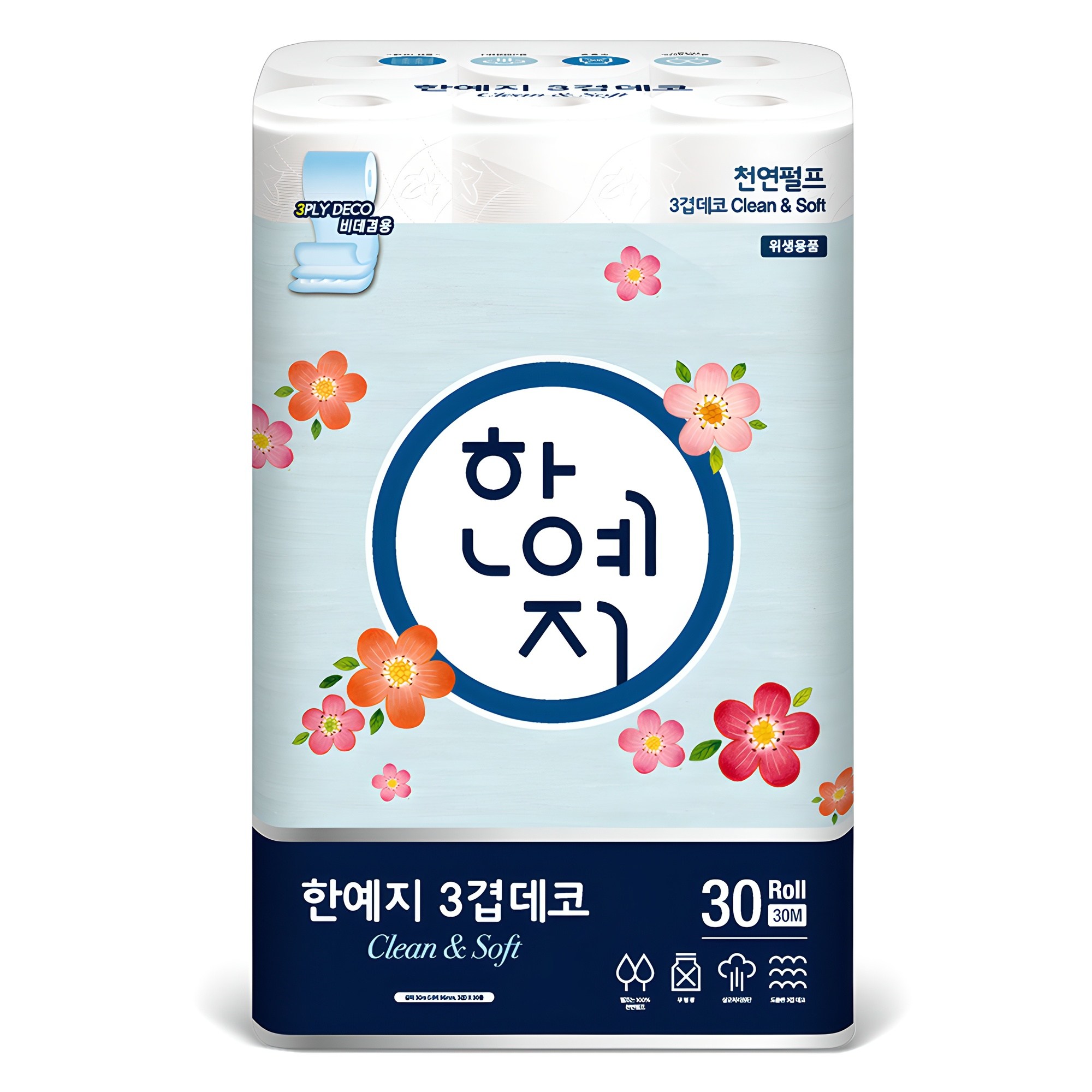 한예지 클린&소프트 천연펄프 3겹 고급롤화장지, 30m, 30롤, 1세트 15,600원