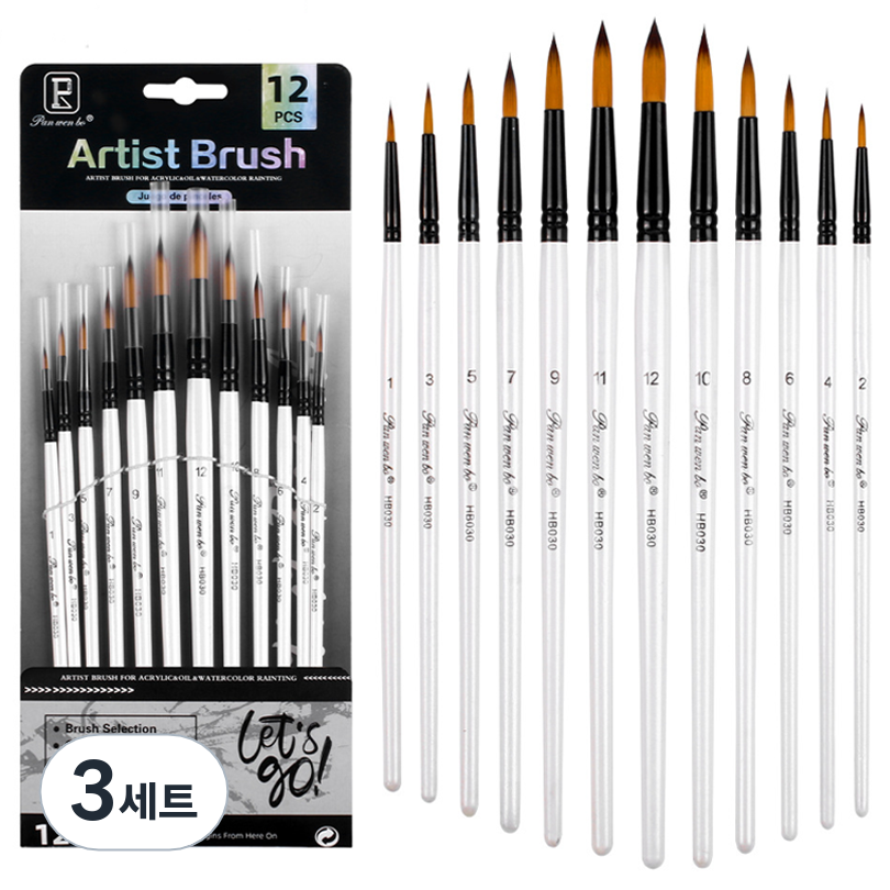 Panwenbo 수채화 그림 둥근붓 12종 세트, 3세트, 1호, 3호, 5호, 7호, 9호, 11호, 12호, 10호, 8호, 6호, 4호, 2호 33,000원