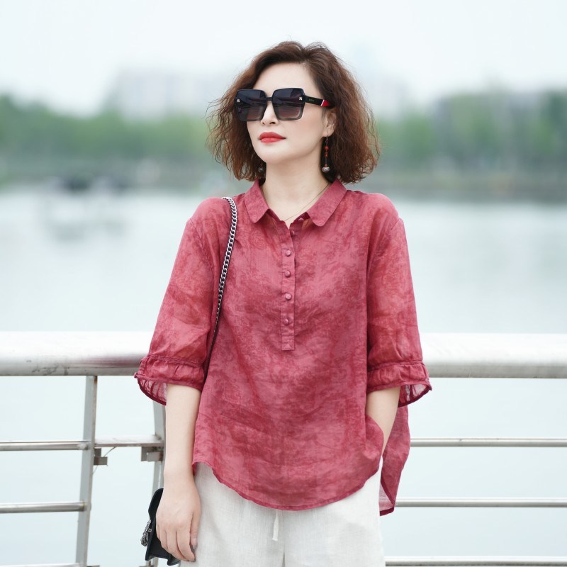 여성 100% 리얼 면린넨 봄 여름 내추럴 패션 빅사이즈 벌룬 소매 칠부소매 라운드넥 블라우스 셔츠 / 통기성 탁월 부드러운 탄력감 남방 스타일 18,900원