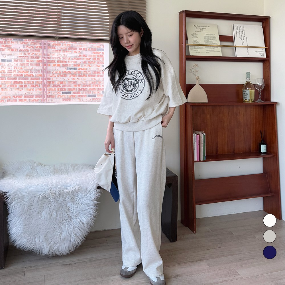 디테일웨어 여성 런던 레터링 반팔 트레이닝세트 라운드넥 맨투맨 밴딩 와이드팬츠 오버핏 여자츄리닝 키작녀 운동복 37,800원