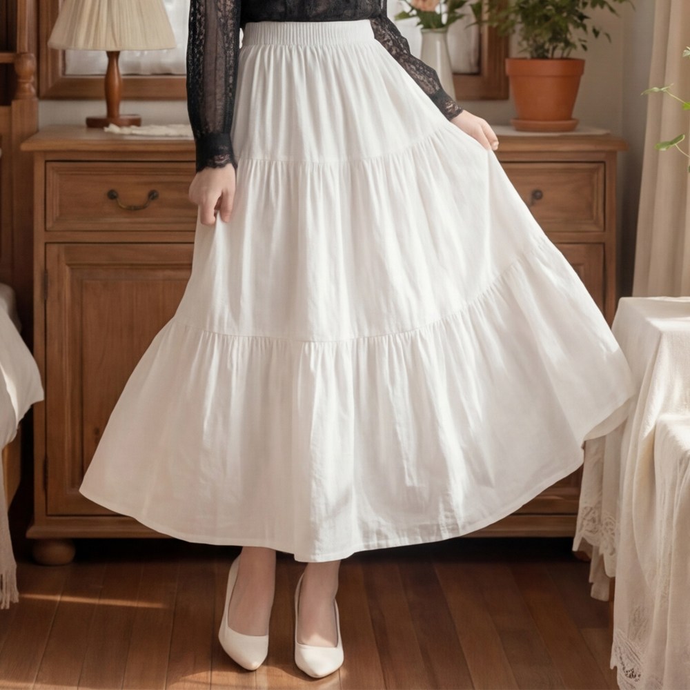 라뷰드 캉캉 플레어 밴딩 롱스커트 여성 밴딩 A라인 플리츠 치마 2단 레이스 플레어 하의 안감 내장 하웨이스트 물결 롱치마 11,800원