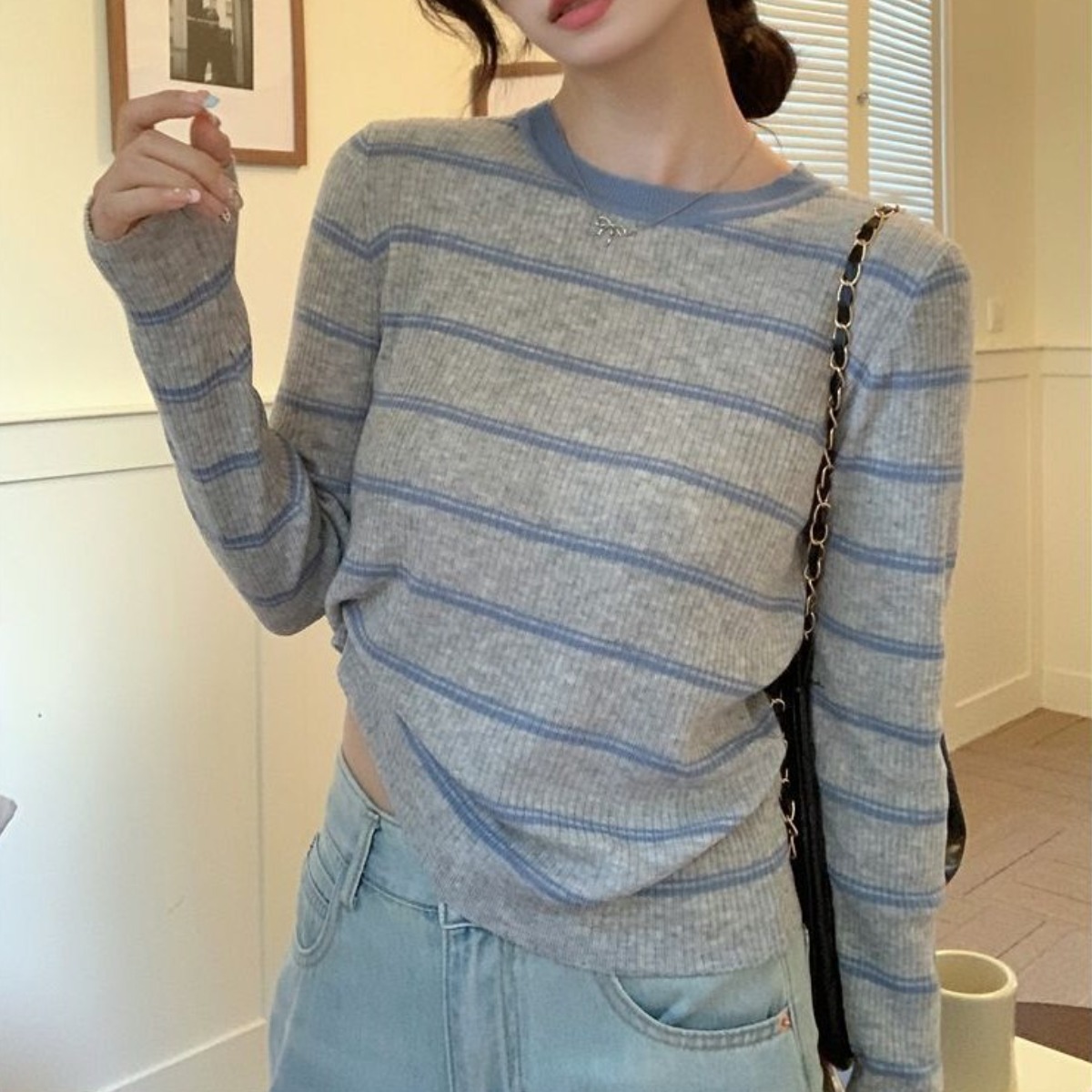 COSYEVNO 봄가을 여성 스트라이프 라운드넥 슬림핏 니트 티셔츠 BCXbzzs-7 25,800원