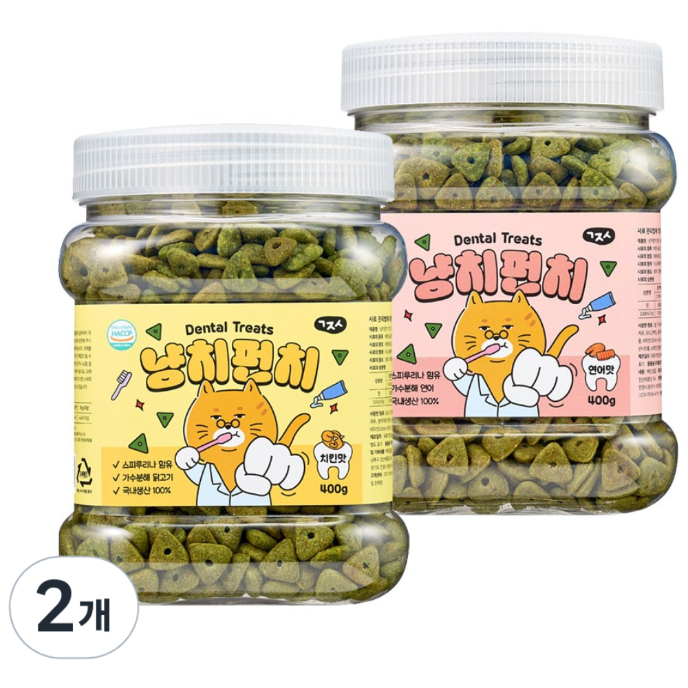 고지식 냥치펀치 고양이 구강관리 이빨과자 대용량 덴탈트릿 간식, 2개, 400g, 2종 혼합(연어/치킨) 45,950원