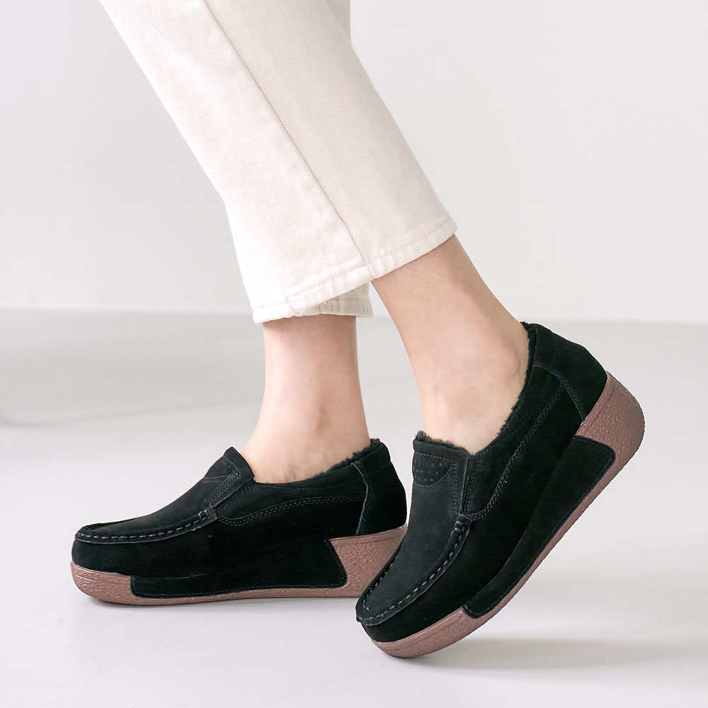 에스유니 데일리 가죽 스웨이드 발편한 5cm 키높이 통굽 스티치 털슬립온 로퍼 양말 증정 43,900원