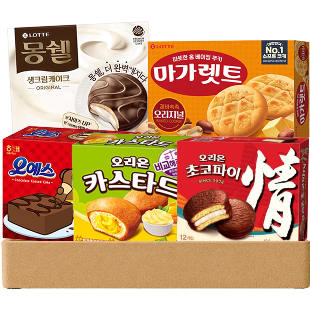 [파이브온] 사무실 파이 간식 5종 세트 - 초코파이, 카스타드, 몽쉘, 마가렛트, 오예스 [최신제조 안전포장] 33,900원