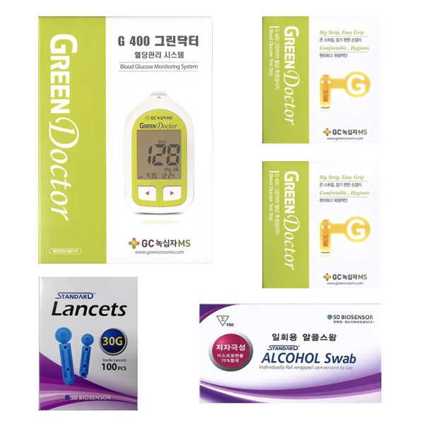 녹십자 그린닥터 혈당측정시험지2box(100매) 혈당측정기포함+알콜솜100매+채혈침100EA 39,000원