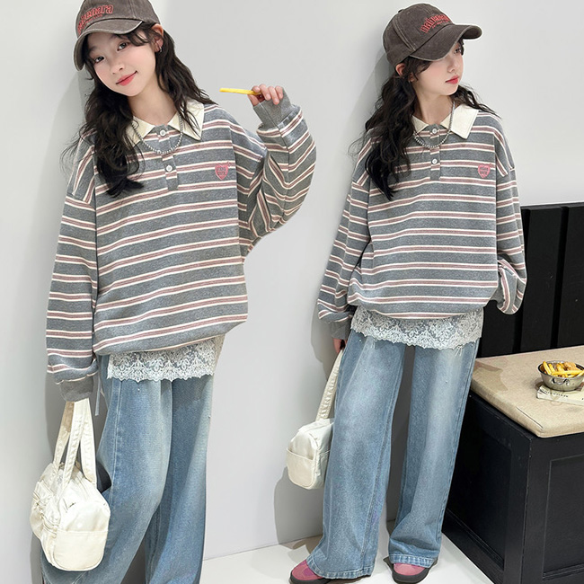 나나키즈 여아 봄 가을 초중생 상하복 세트 주니어 페이크 레이어드 셔츠 카라 프릴 레이스 레이어드 긴팔 상의+하의 초등생 긴바지  (99642) 51,800원