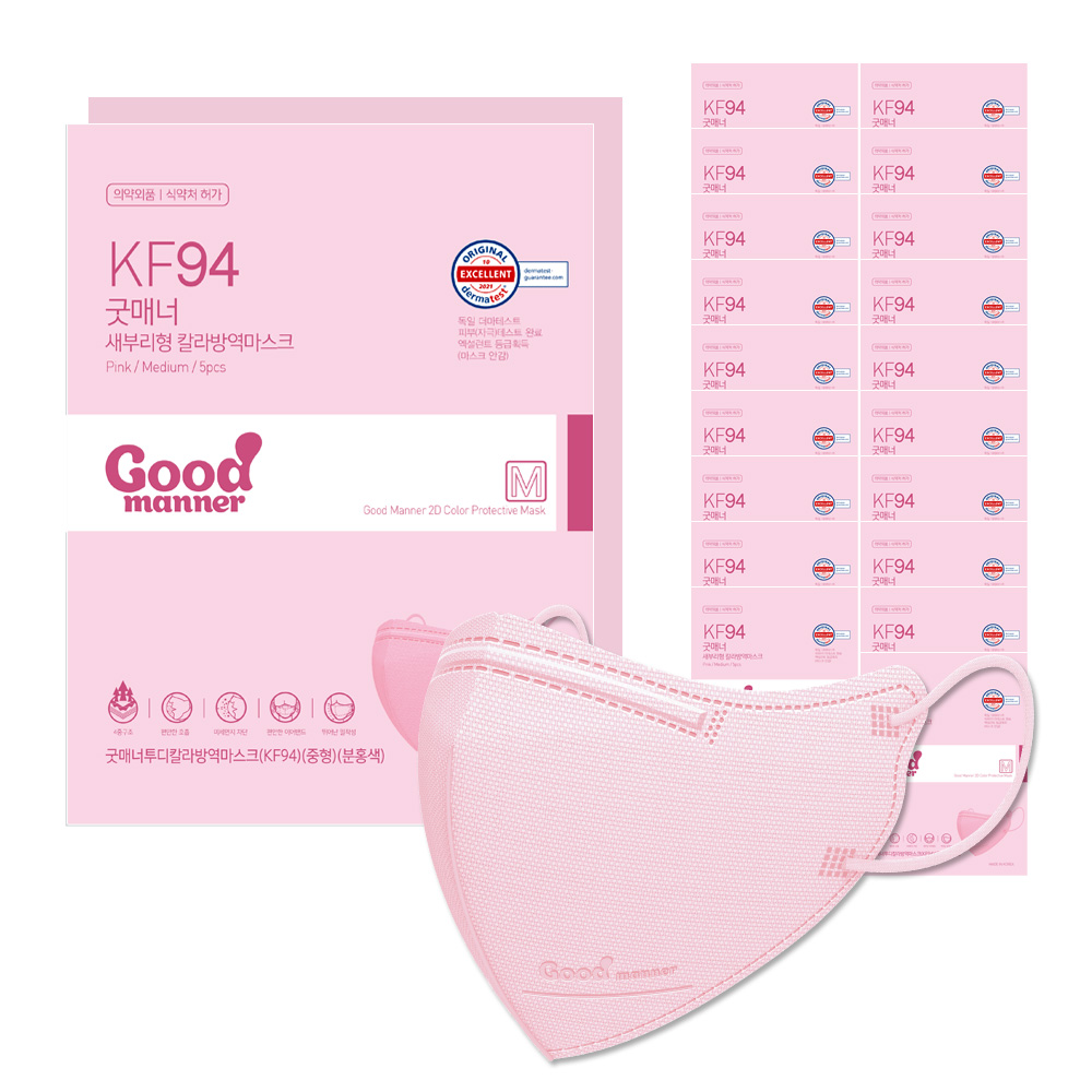 굿매너 2D 새부리형 컬러 마스크 KF94, 중형 100매(5매입x20개), 중형/핑크, 20개 42,900원