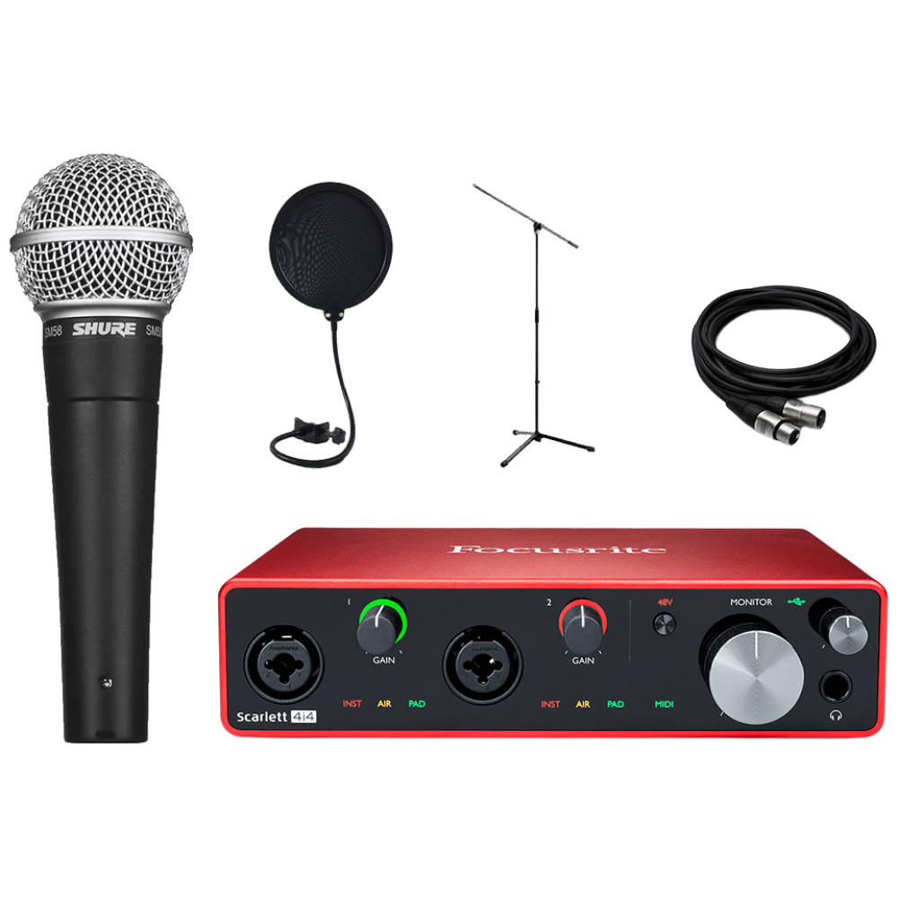 포커스라이트 스칼렛 4i4 슈어 SHURE SM58 K-LC 홈 레코딩 케이블 팝필터 롱 스탠드 패키지 574,000원