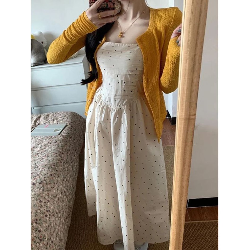 봄 여성 나시 원피스 세트 얇은 니트 가디건 + 도트 뷔스티에 원피스 투피스 YXF 46,180원