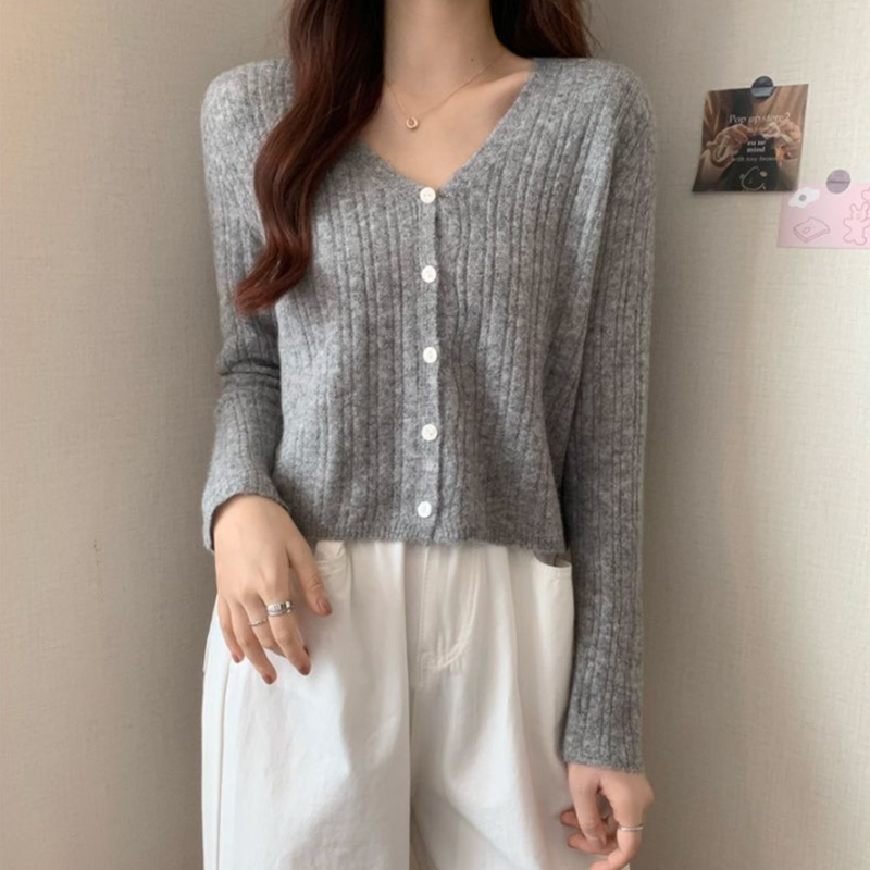 반야스토리 여성용 V넥 골지 세미크롭 니트 가디건 SS24A 28,000원