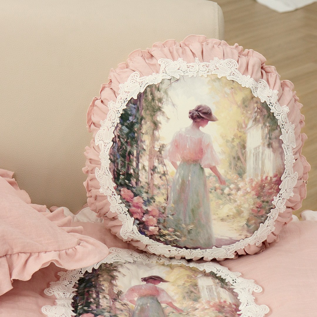 프로방스 린넨 프릴 고급 원형 호박 쇼파 쿠션, 핑크 45,400원