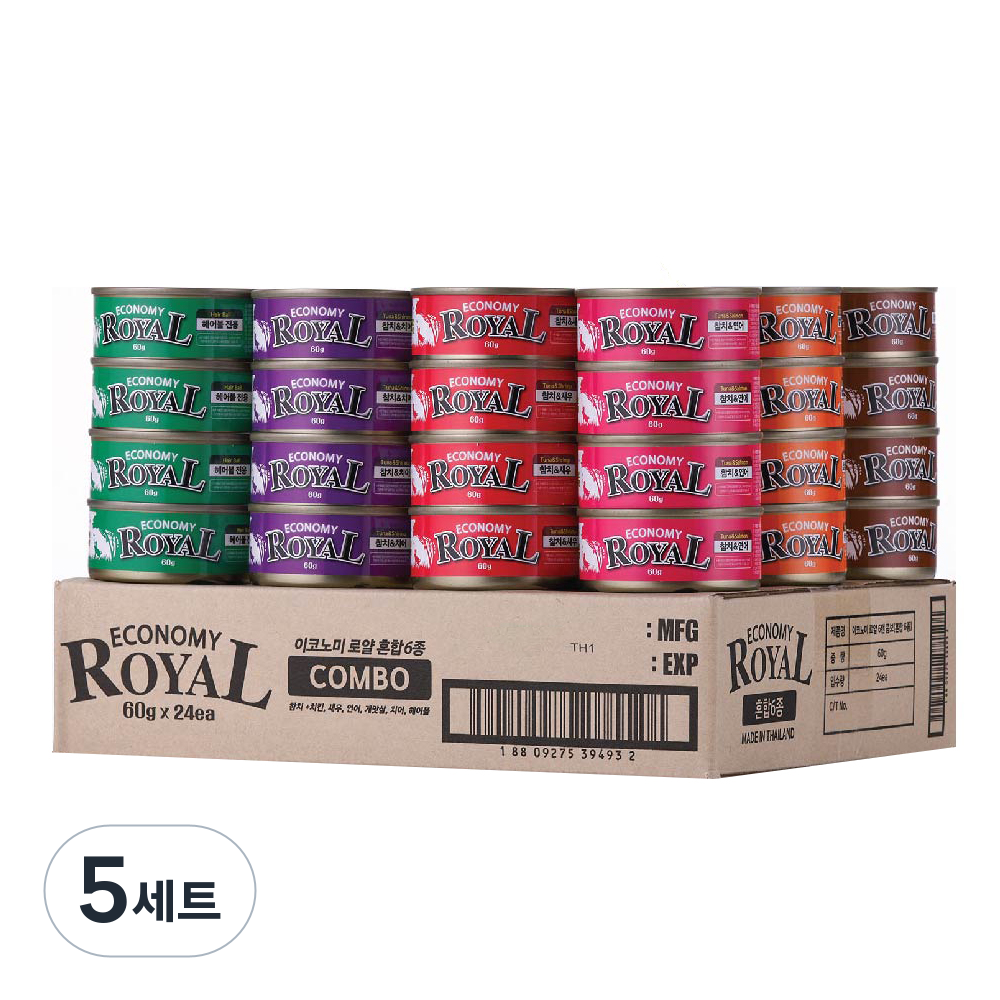 펫스토리로얄 고양이 이코노미 습식캔 콤보, 헤어볼 + 혼합맛(참치/새우) + 혼합맛(참치/게맛살) + 혼합맛(참치/치어) + 혼합맛(참치/연어) + 혼합맛(참치/치킨), 1.44kg, 5세트 68,050원