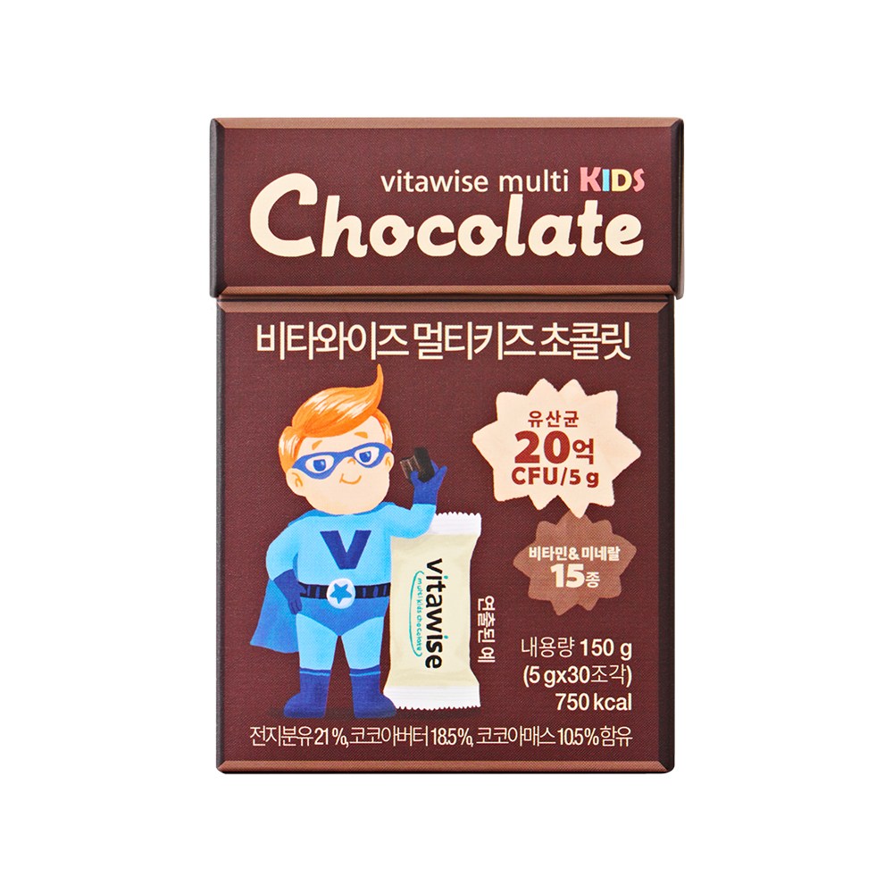 프리미엄 유산균이 함유된 비타와이즈 멀티키즈 비타민 생유산균 초콜릿 어린이 영양제 (소비기한 26.05.28까지), 1박스, 150g 24,900원