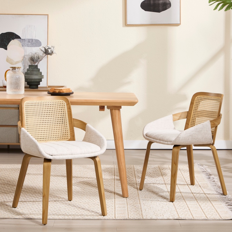 Dayalane 식탁의자 아치형 원목 모던 패브릭 의자 라탄 등받이 라운지 다이닝 의자, 2개, 베이지 241,100원