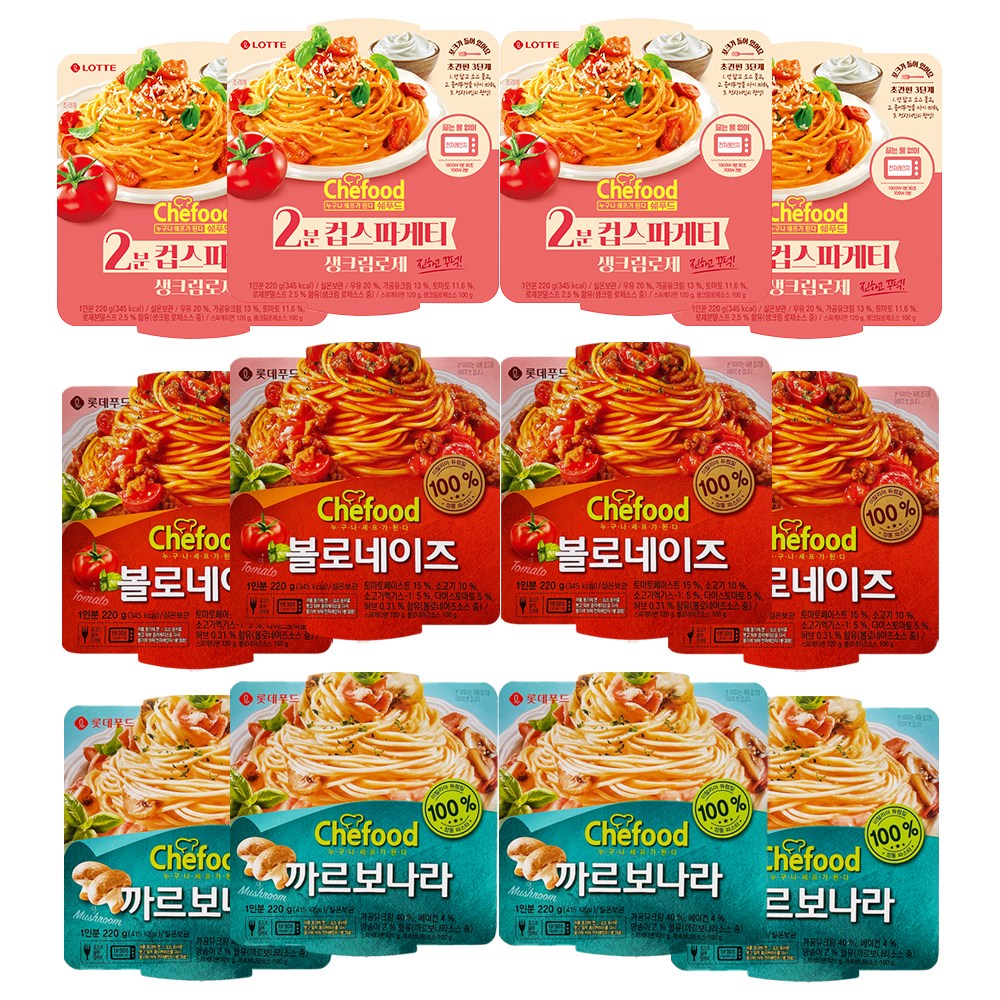 롯데푸드 쉐푸드 스파게티 3종 각 4개 즉석 파스타, 1개, 220g 37,360원