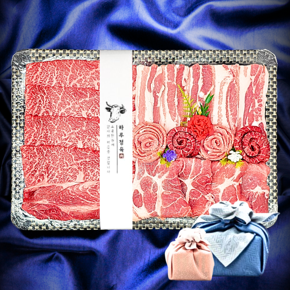하루정육] 최상급 고기선물세트 구이용 한돈한우 혼합세트 추석명절 이바지 고기 선물용 [보자기+노리개], 1세트, 1.5kg 193,800원