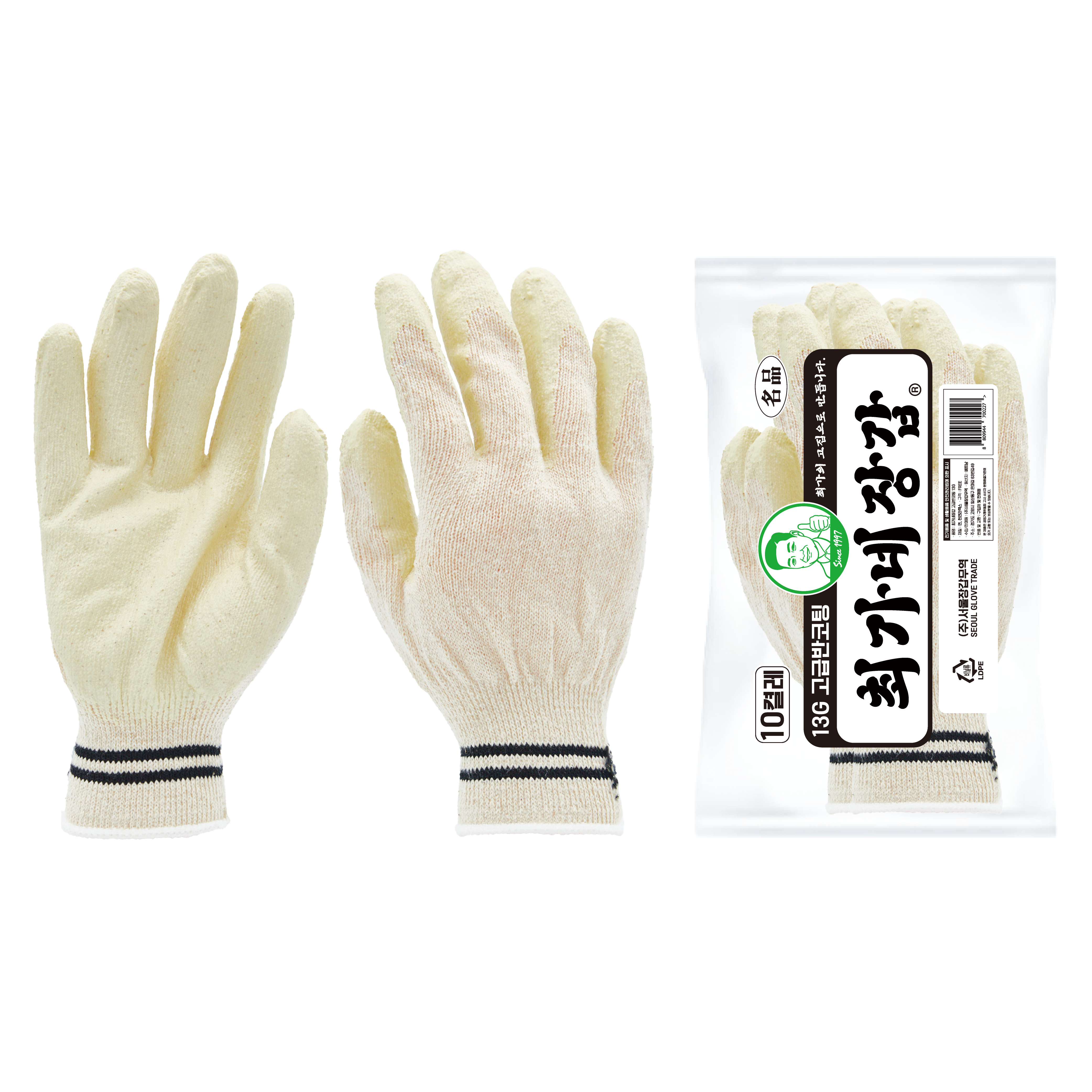 최가네장갑 고급 백반코팅 13G 100켤레 코팅장갑 줄무늬 흑선 두줄 작업 장갑 백색 반코팅 백코팅, 100세트, 백색 36,000원