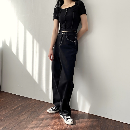 [강추]와이드핏 스티치 블랙 생지 데님 팬츠 15,700원