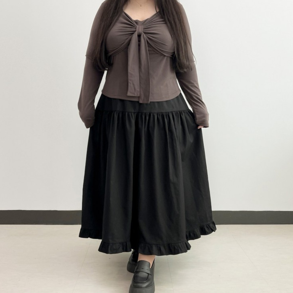 (2size/66-130) 플레지 빅사이즈 풍성한 코튼 밴딩 스커트 플레어 프릴 봄 롱치마 6XL 48,500원