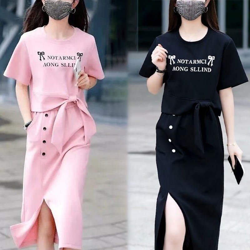 레터링 프린트 반팔 스커트 세트 봄여름 여성용 반팔티셔츠+밴딩 롱 치마 캐주얼 오버핏 츄리닝투피세트, 현재가 22,900원