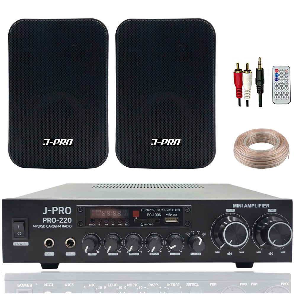 제이프로 220W 블루투스 매장용 카페 매장 업소용 벽걸이 미니 앰프 스피커 2개 세트+리모콘+PC선 1.5M+스피커케이블 20M 118,000원