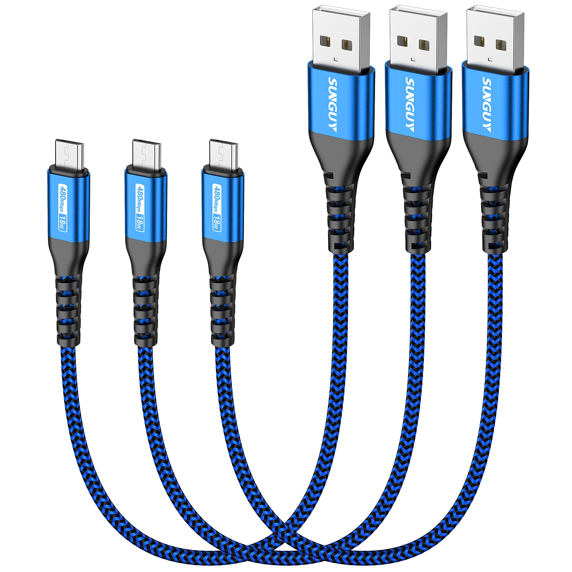 SUNGUY USB A to 마이크로 5핀 고속 충전 케이블 USB 2.0 480Mbp 18W, 3개, 블루, 0.3m 7,490원