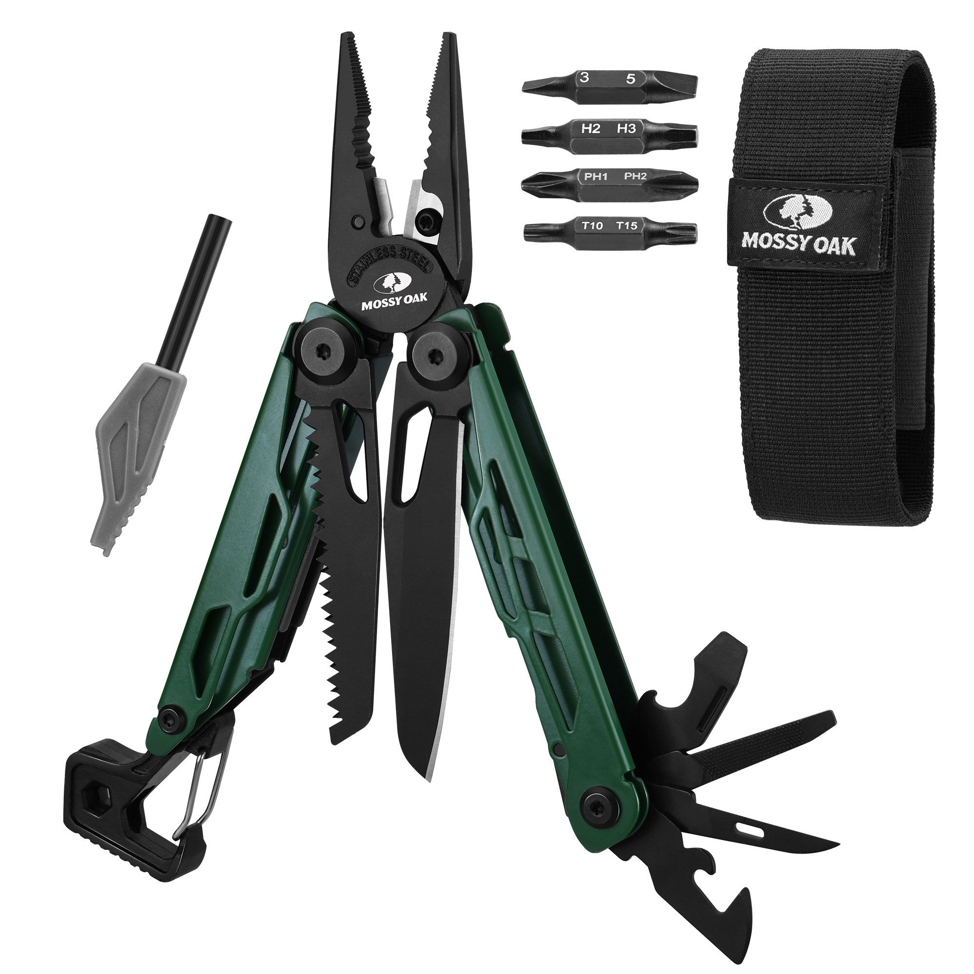 MOSSY OAK 27 in 1 멀티툴 플라이어 휴대용 포켓나이프 파이어스타터 호루라기 병따개 수납 가방 포함 서바이벌 캠핑 하이킹용, 1세트 38,900원