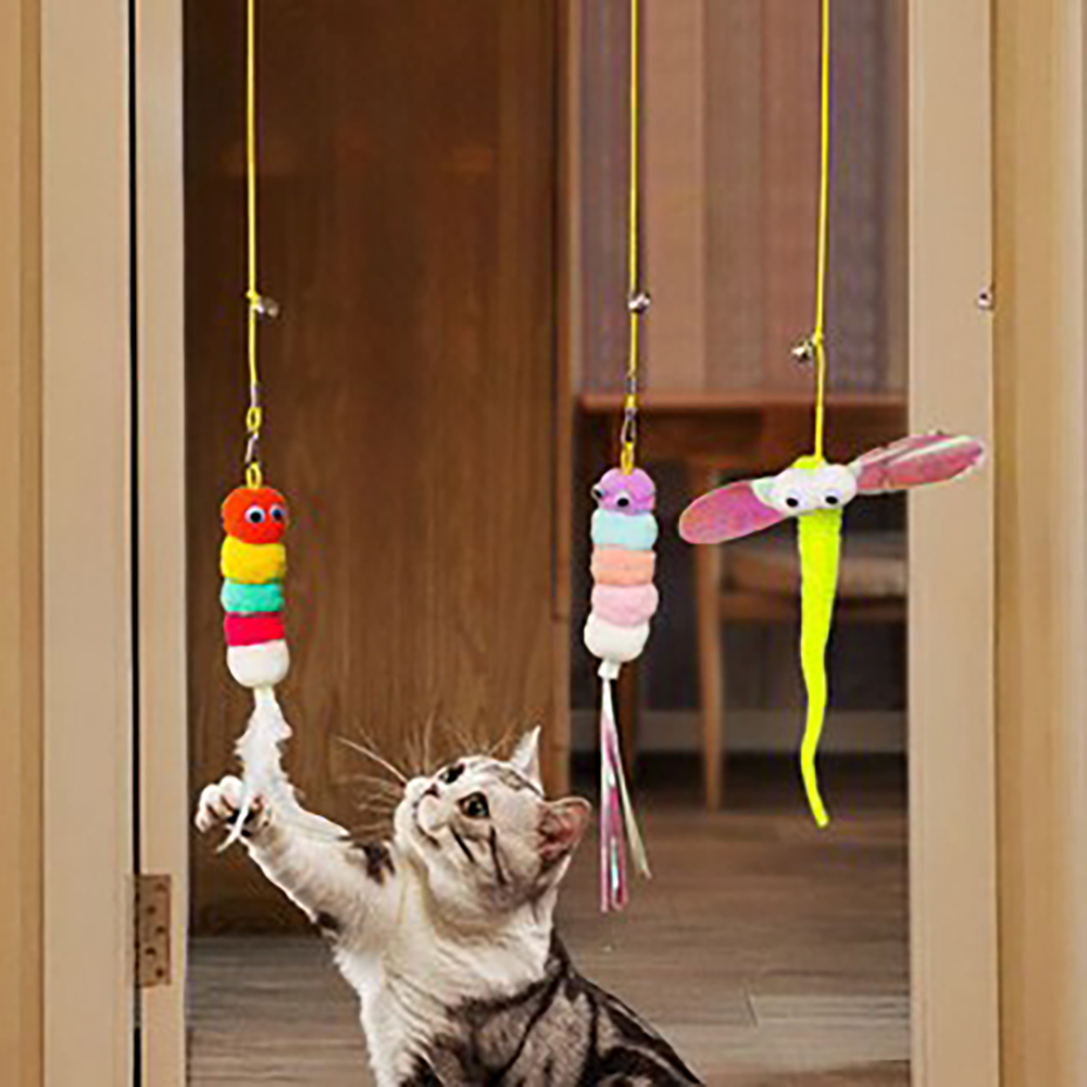 마이캣 고양이 천장 부착형 모빌 로프 셀프 낚싯대 낚시대 플라잉 플라이 소리나는 방울 깃털 줄 끈 긴 혼자 장난감, 반짝이+깃털이+잠꼬리set, 1세트 5,380원