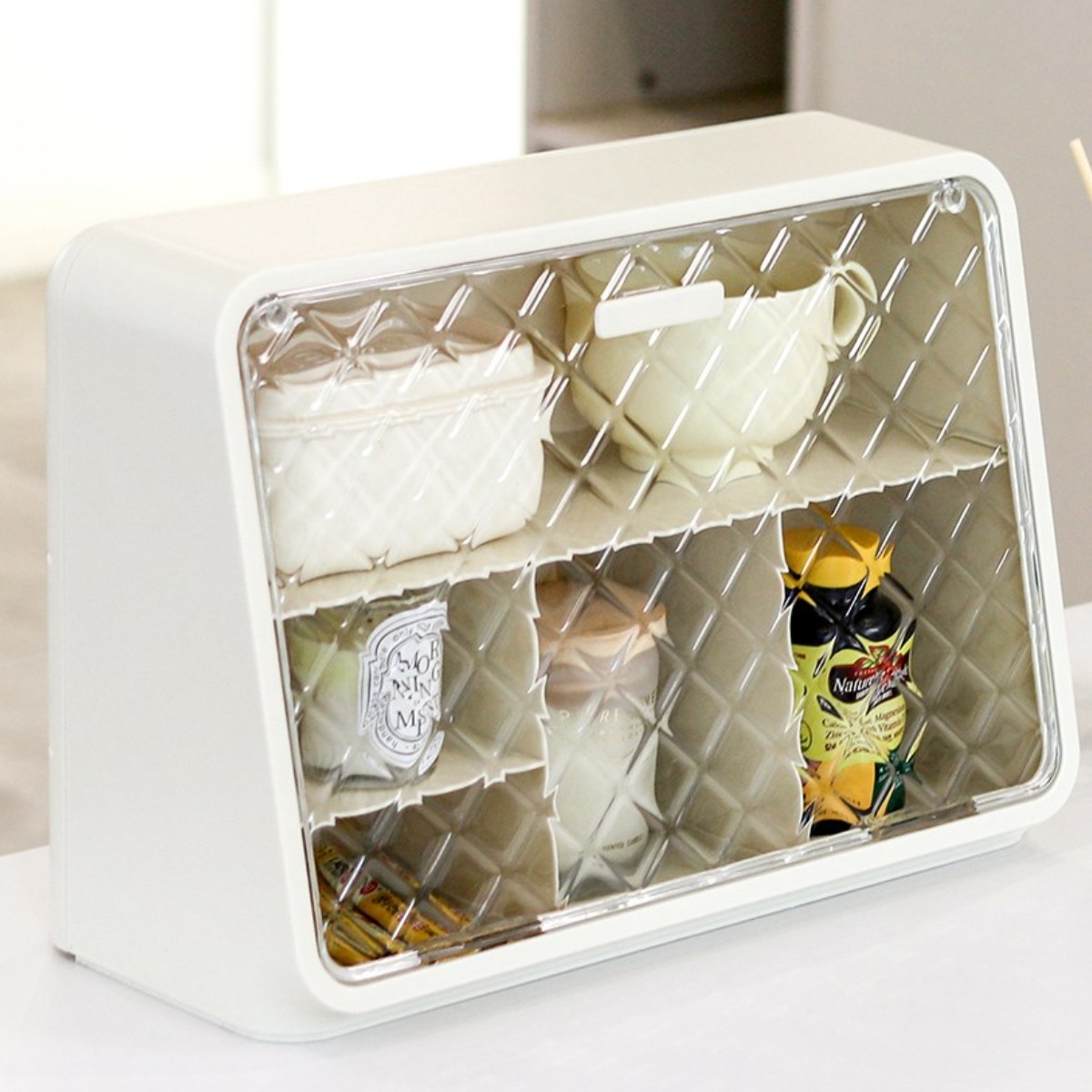 엠컴퍼니 주방 식탁위 영양제 수납함 투명 컵 수납 정리대 브레드박스 정리함 다용도 아크릴 홈카페 선반 [fntl-541087905] 17,900원