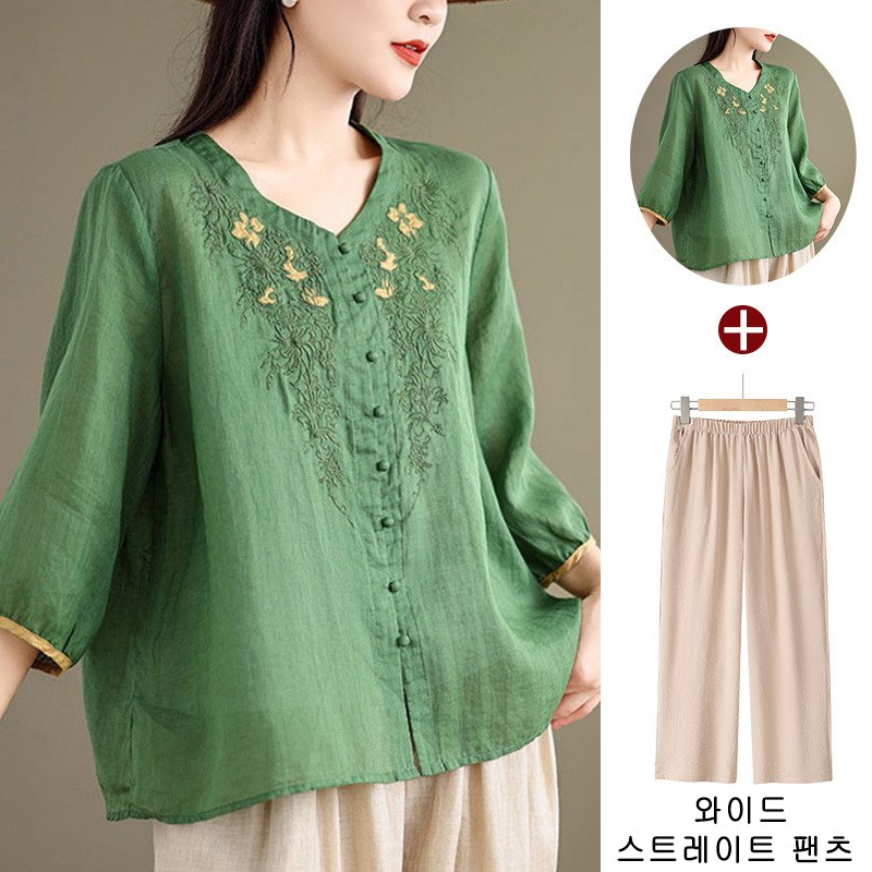 엘바리스 여성 고급스러운 에스닉 자수 브이넥 셔츠 베이직 밴딩 와이드 팬츠 통바지 투피스 세트 28,900원
