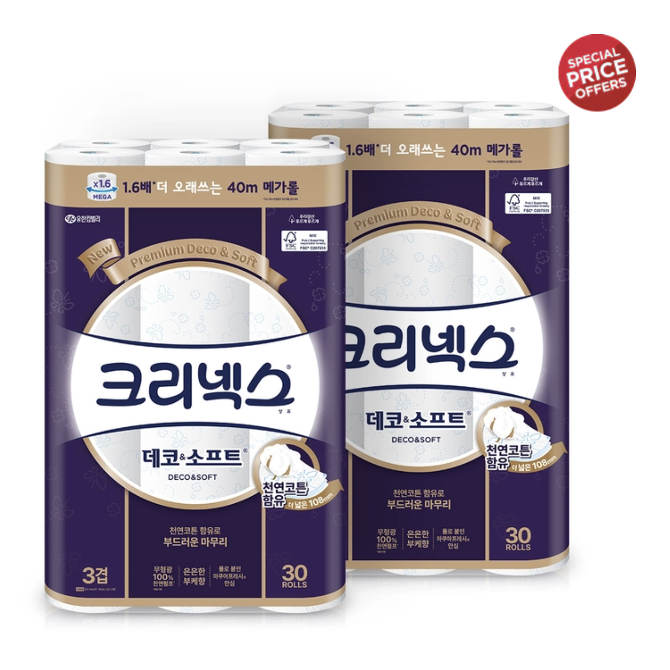 크리넥스 데코 앤 소프트 3겹 40m 30롤 x 2개 화장실 휴지 코스트코 77,490원