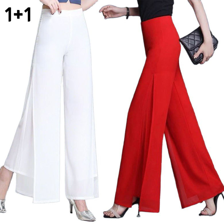JUSTFEELING 1+1 날씬해보이는 예쁜 쉬폰 옆트임 와이드 통바지 여성 여름 편한 레이어드 캉캉 쉬폰바지 시원한 무지 긴바지 25,990원