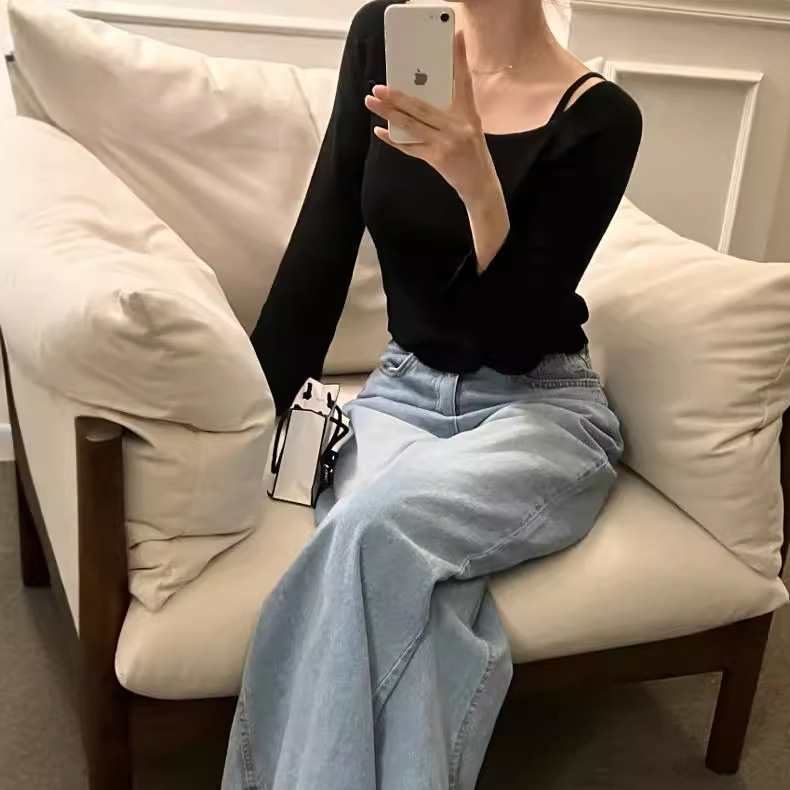 밤의여신 슬림핏 니트티 오프숄더 페이크 레이어드 니트 긴팔티셔츠 캐주얼 봄가을용 32,800원