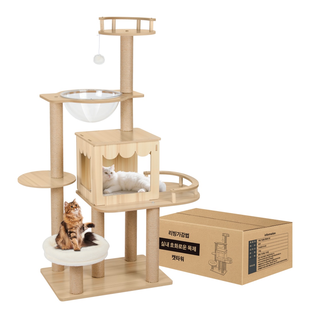 리빙가감법 고양이 대형 스크래쳐 캣타워 반려동물 실내 호화로운 목제 아크릴 해먹 방석 장난감 캣타워 다층 구조 기둥 숨숨집 강력한 내하중 흔들없이, 원목색, 1개 62,900원