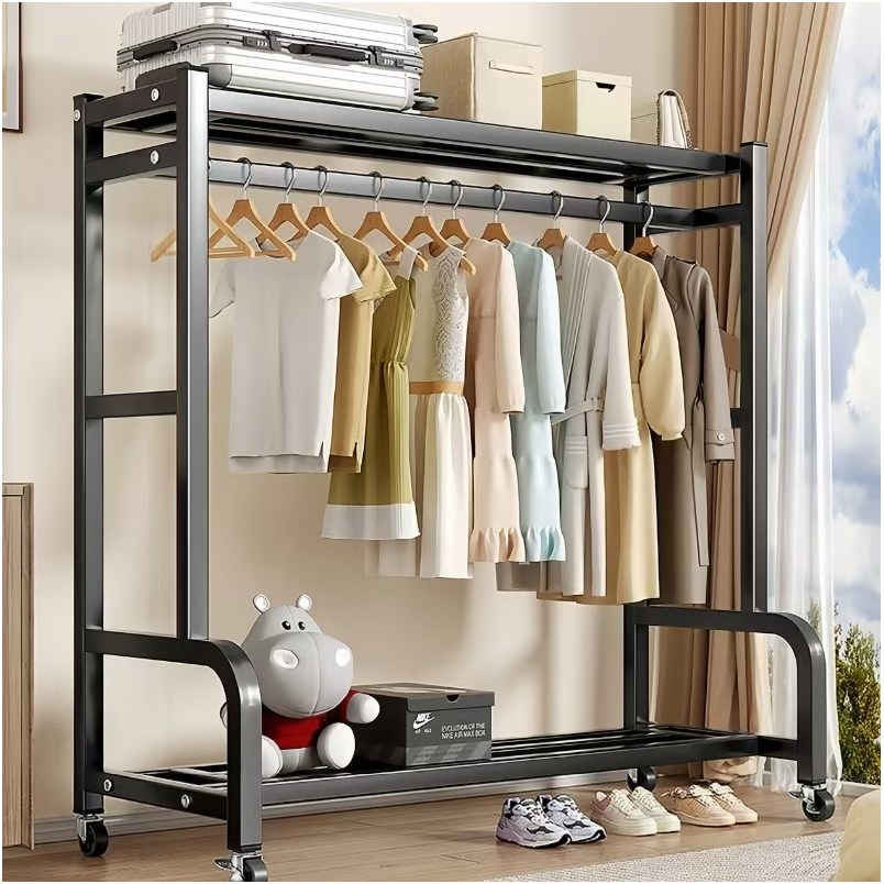 BILIMO 튼튼한 철제 스탠드 2단 선반 이불 케리어 수납 가능한 이동식 옷걸이 행거, 블랙 52,800원