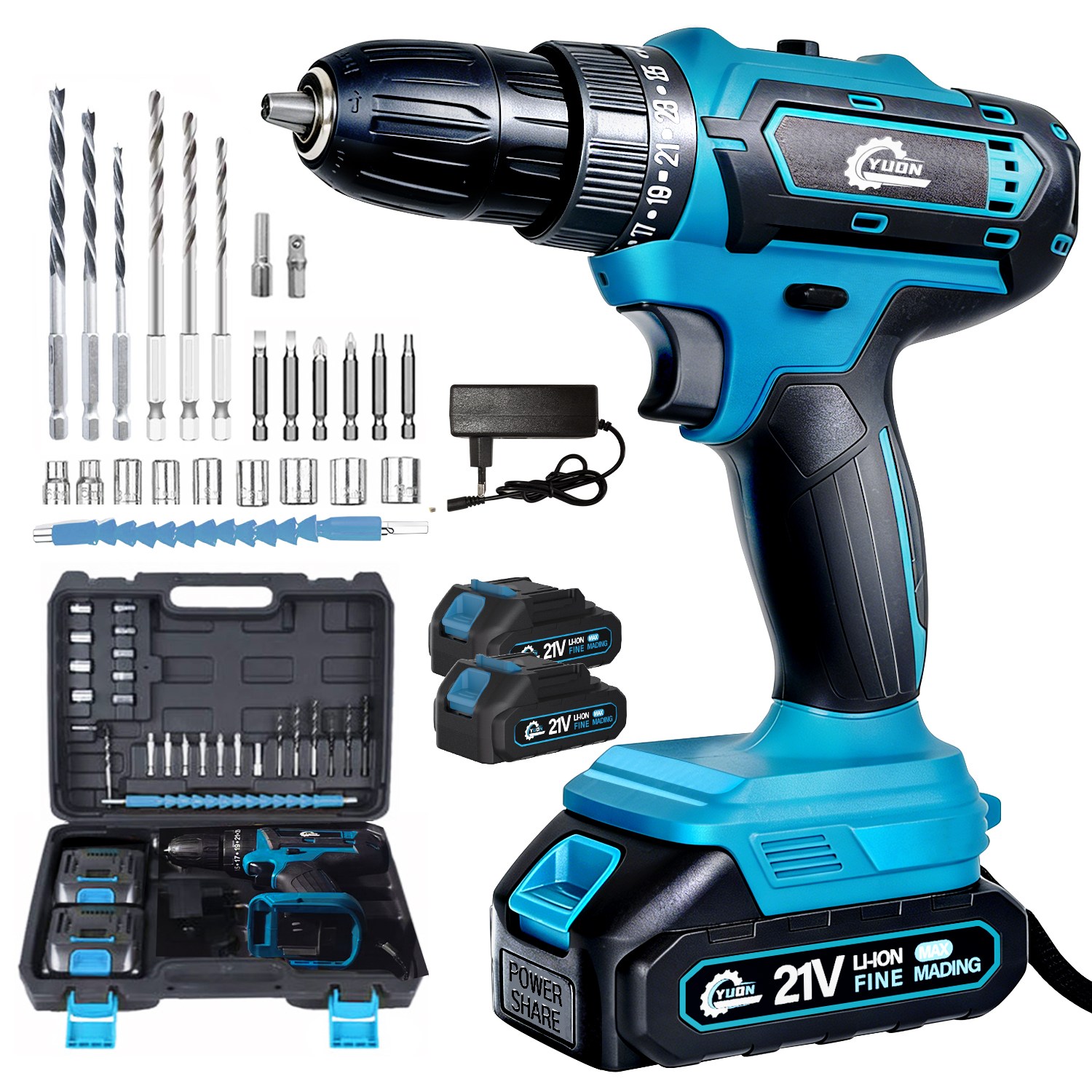 YUON 21V 고출력 무선 충전 해머 전동 드릴 드라이버 고급형 공구세트 2.0Ah 리튬이온배터리 44,850원