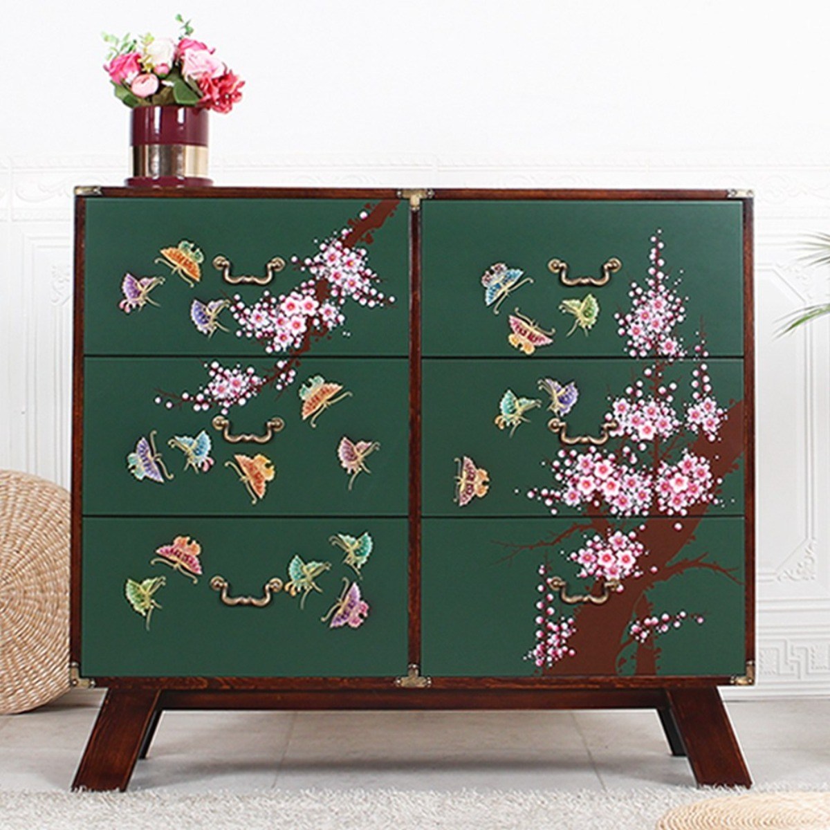 다한수제고가구 오동 나비 원목 3단 서랍장 (그린) 고가구 원목 인테리어 엔틱 서랍장, 단품 595,000원