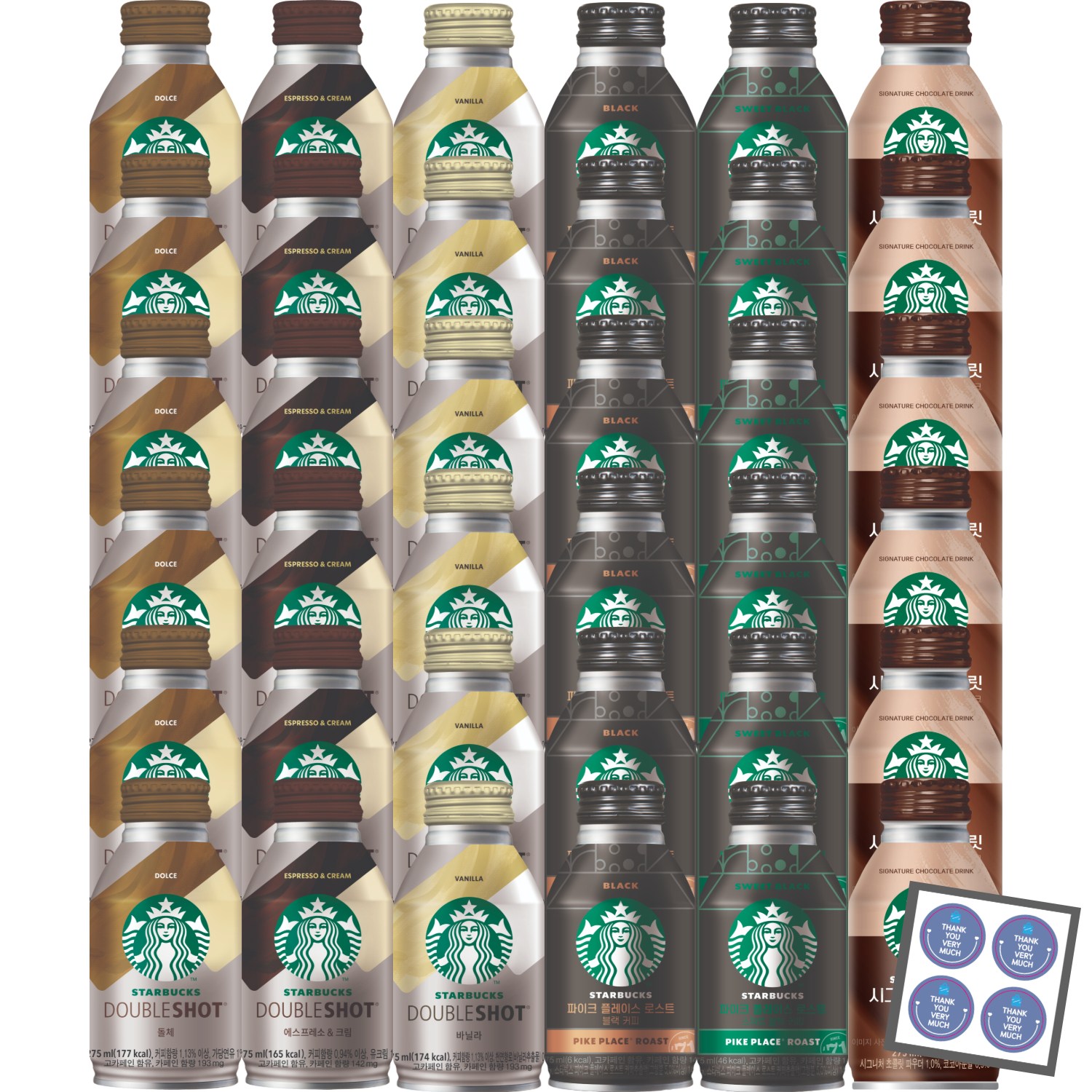 스타벅스 캔커피 6종 6개씩 혼합(에스프레소크림 돌체 바닐라 파이크블랙 스위트블랙 초콜릿)+땡큐감사스티커 98,900원
