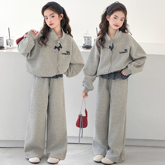 비비키드 여아 봄 가을 주니어 상의 초등생 하의 세트 초중생 SANBAO 강아지 프린팅 반집업 체크 러플 긴팔 긴바지 초등생 상하세트 (82601) 43,800원