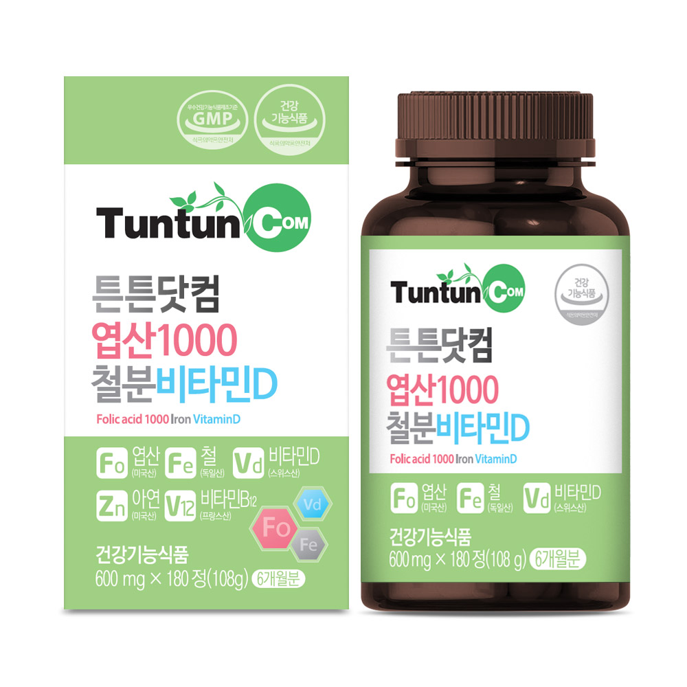 튼튼닷컴 엽산1000철분비타민D [6개월분] - 엽산 1000 ug 함유 / 엽산제 / 철분제, 180정, 1개 19,980원