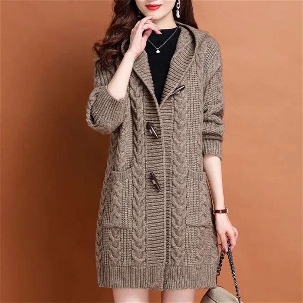 TKX 여성 캐주얼 케이블 니트 후드 롱 가디건 복고풍 스타일 트렌디 단추 포인트 고급 20,910원