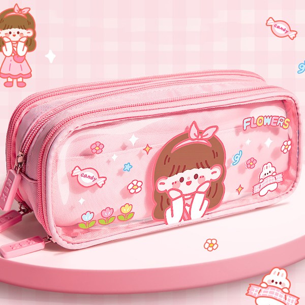 fooi 귀여운 소녀감성 3단레이어 젤리필통 투명 대용량 펜파우치, 01. 핑크소녀, 1개 9,900원