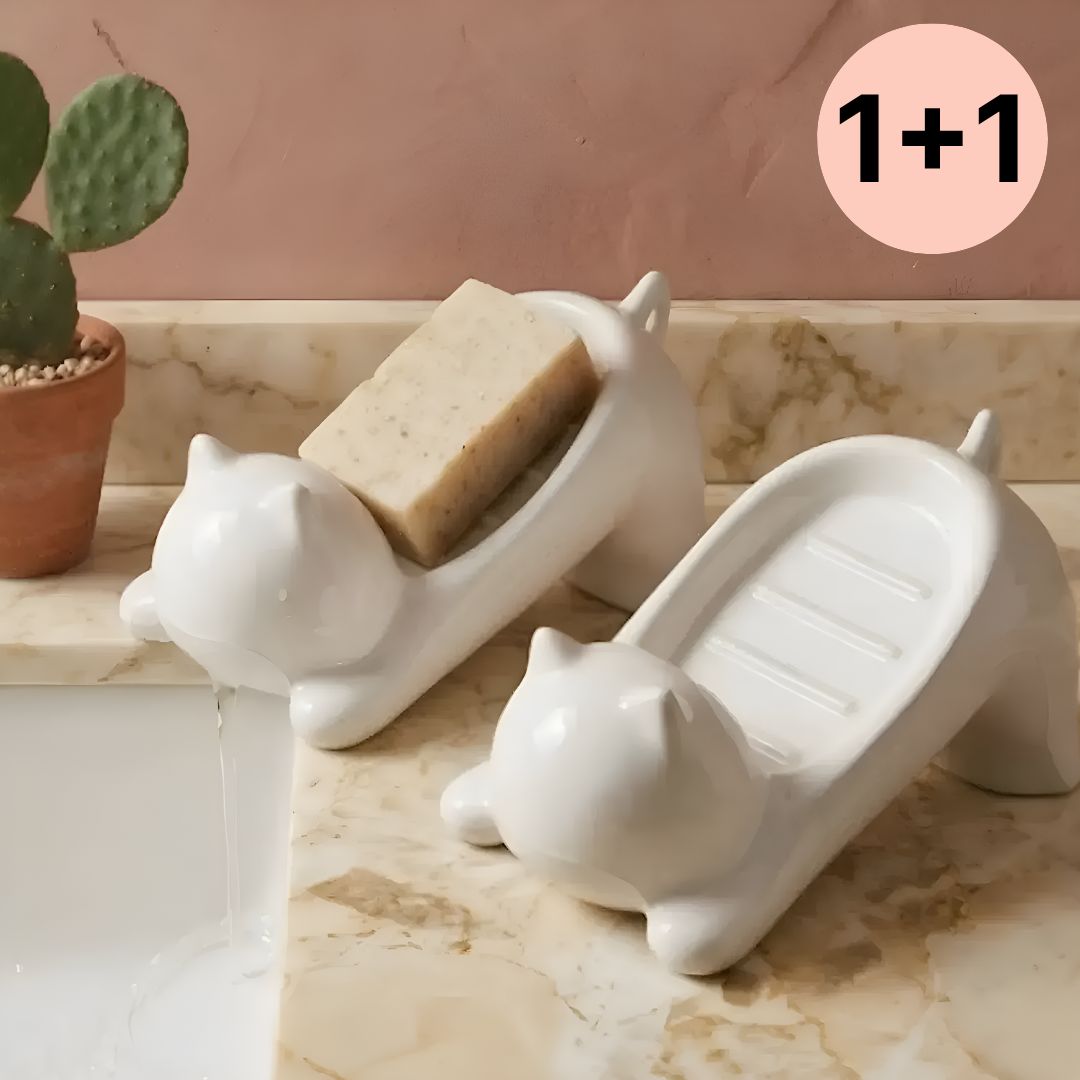 퍼플캣 귀여운 고양이 물빠짐 비누받침대, 1세트, 화이트+화이트 6,900원