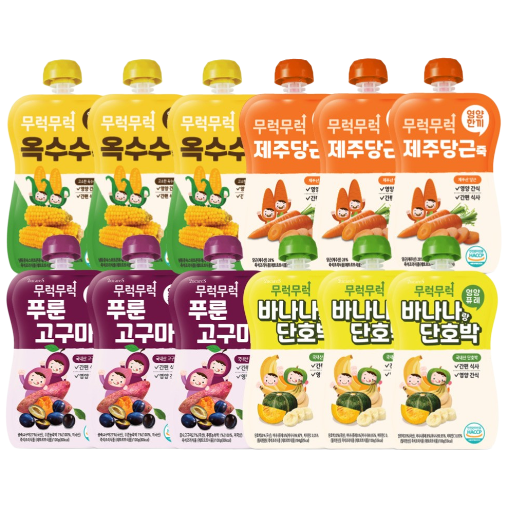 무럭무럭 키즈죽, 과일퓨레 알뜰 12팩 (옥수수,제주당근,바나나단호박,푸룬고구마 각 3팩), 고구마, 단호박, 제주당근, 옥수수 23,800원
