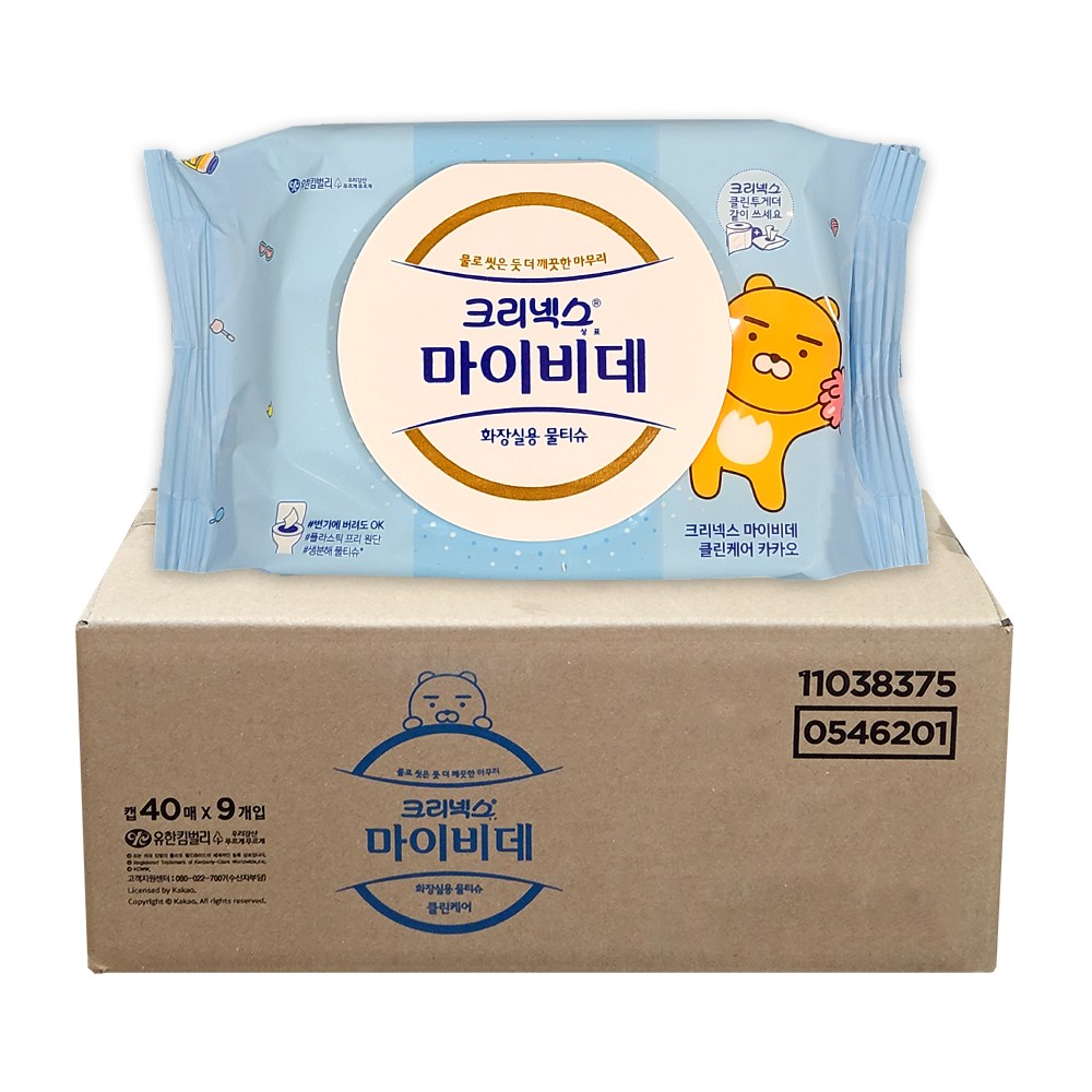 크리넥스 마이비데 카카오 화장실용 물티슈 캡형, 95g, 40매입, 9개 21,800원