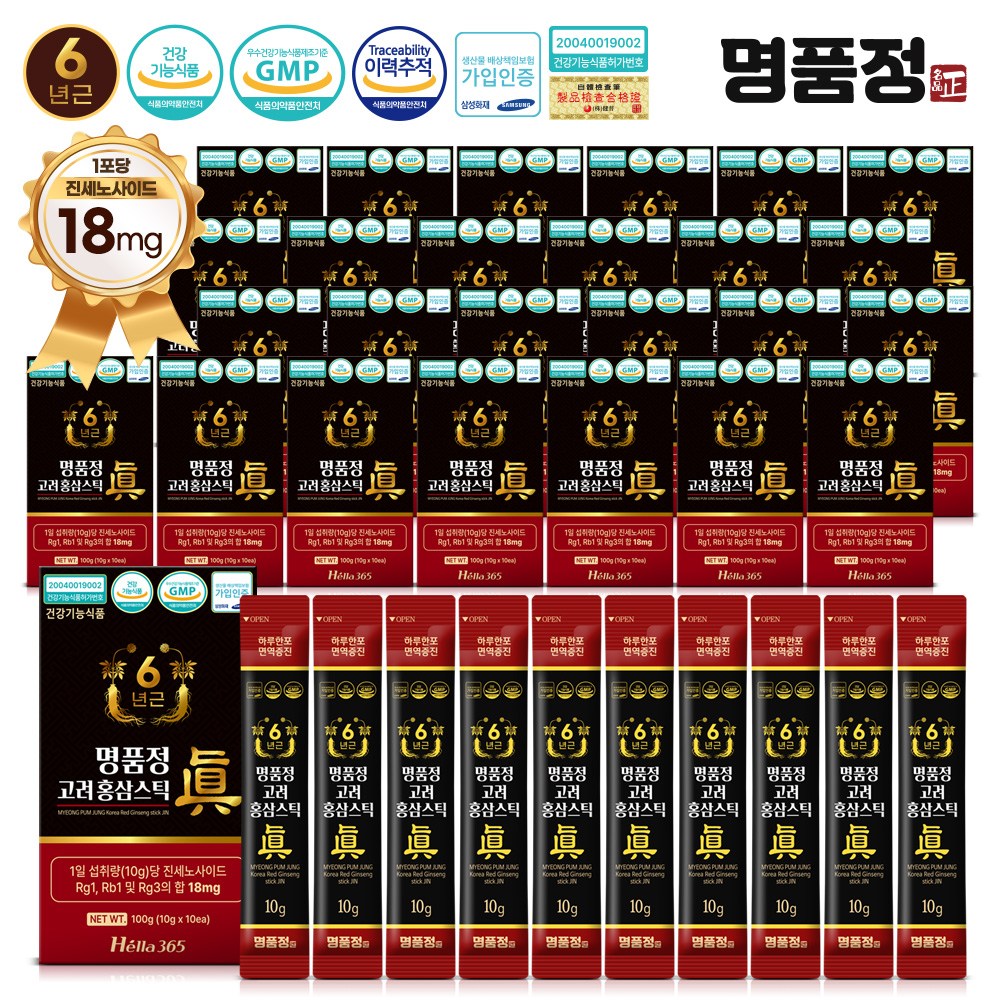 명품정 6년근 고려 홍삼 스틱 진 실속형 1포당 진세노사이드 18mg, 100g, 26세트 304,400원
