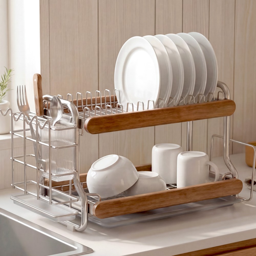 수피아앤코 주방 스테인리스 우드 식기건조대 2단 컵 그릇 거치대 정리대, 1개, 우드, 2단 42,500원
